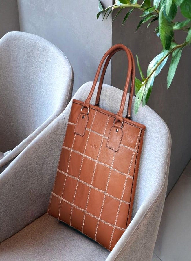Celtic Genuine Leather Brown Tote Bag with Check Stitch Design and Zip Closure - Image 3